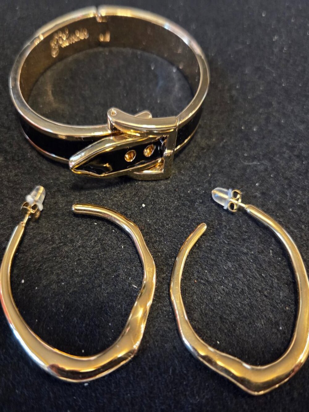 Gold Hammered Earrings & Enamel Buckle Bangle Bracelet